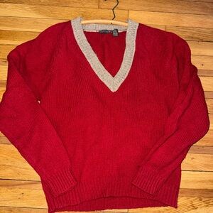 Vibrant Red V-Neck Pullover Sweater (Scottish Shetland Wool) Calvin Klein